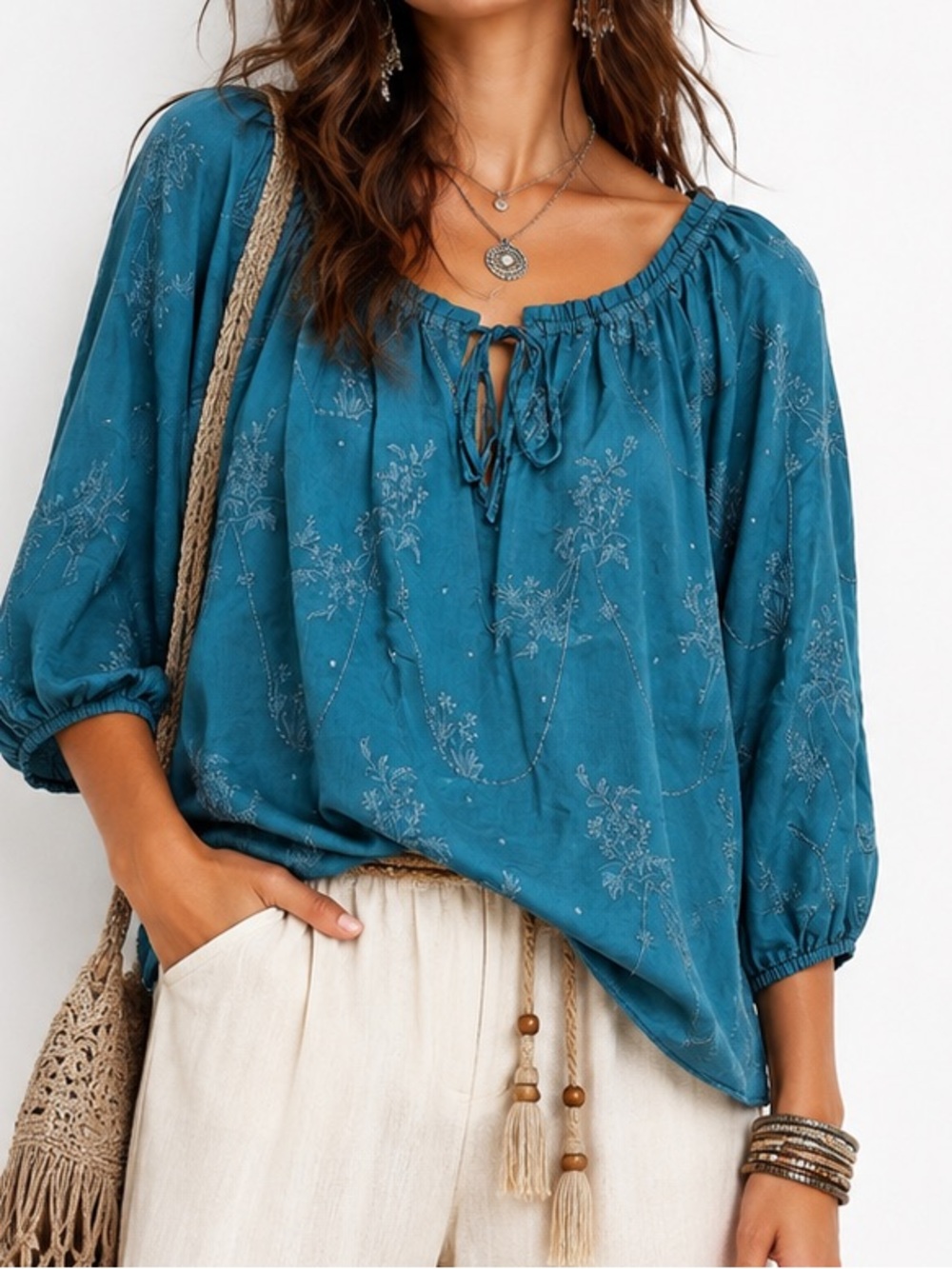 URBAN MANGOZ Boho Embroidered Cotton Teal Blue Peasant Top w Tie Neck Blouse